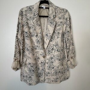 J. Jill Blazer Beige With Green Floral Linen Blend Button Front Jacket Medium